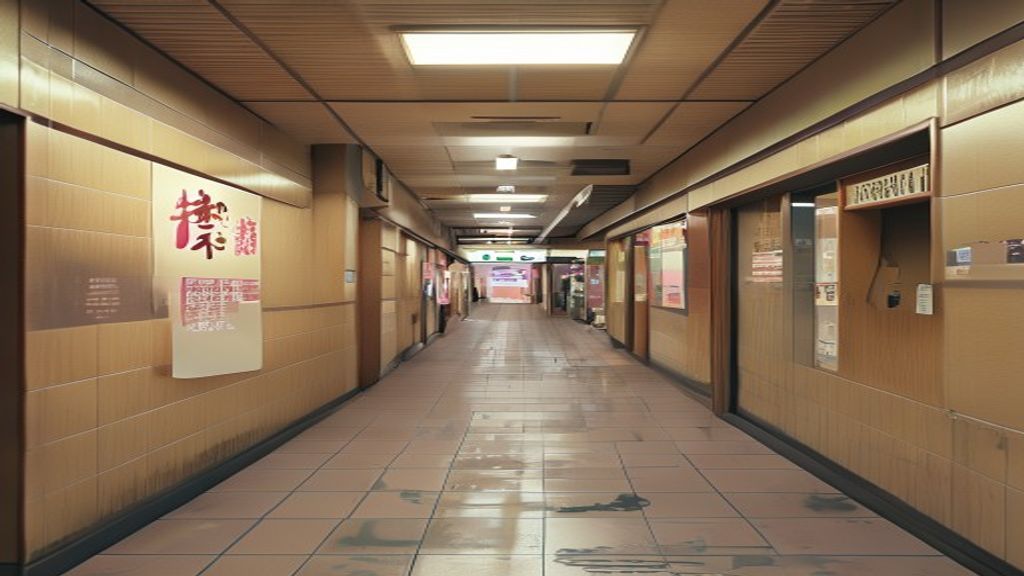昼の自然光が差し込むマミーショッピングセンターの商店街の通路