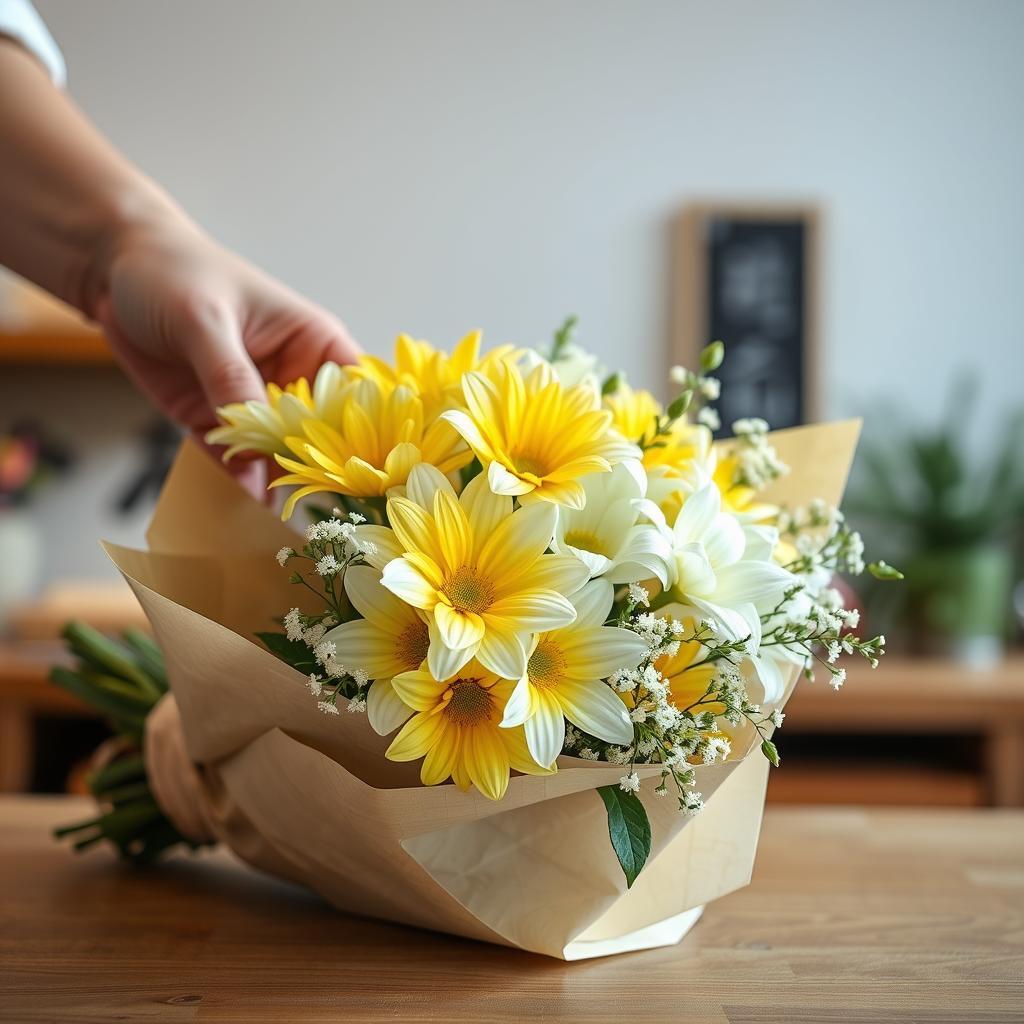 新聞紙に包まれた仏花の束。白菊と黄菊にりんどう、カスミソウ