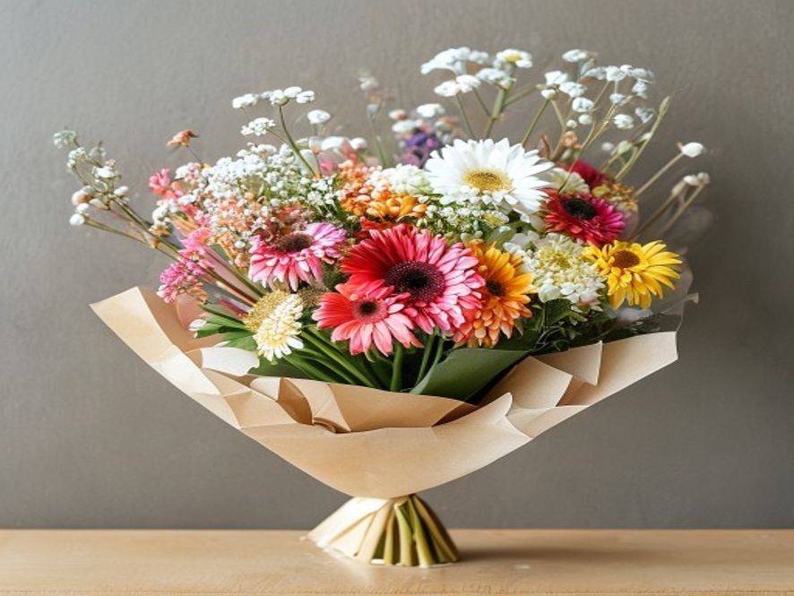 木のカウンターに置かれた、家庭用の小さな花束のクローズアップ