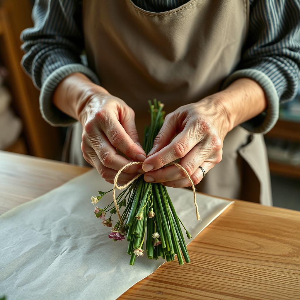 クラフト紙の上で花束を麻ひもで束ねる、年配の花屋の手元